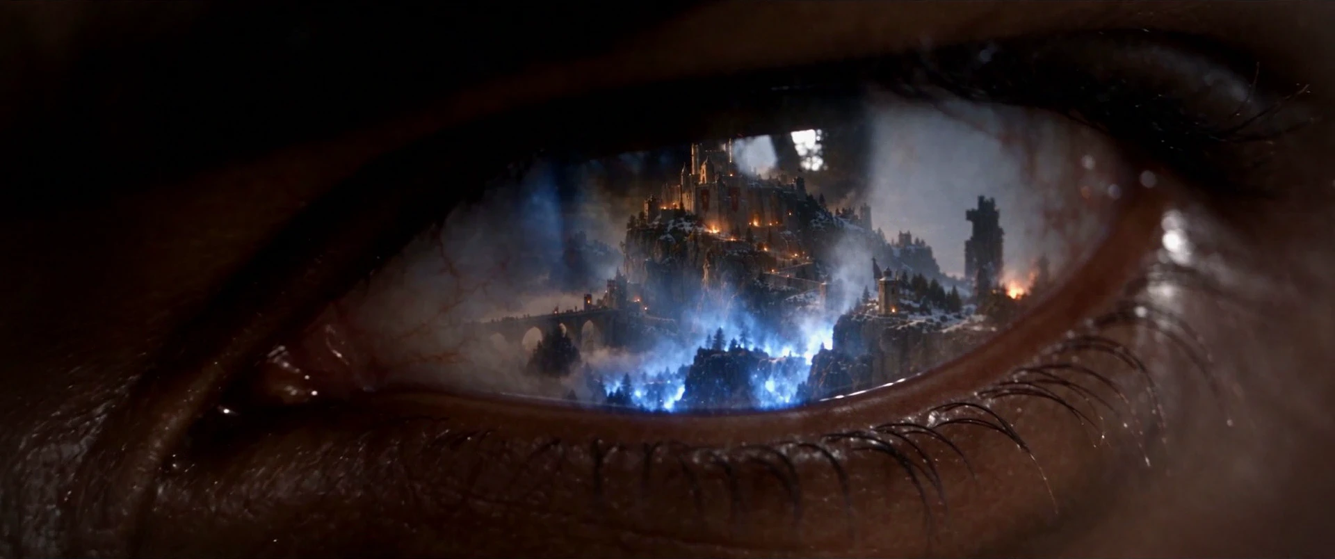 A castle and blue fire reflected in a watchful eye